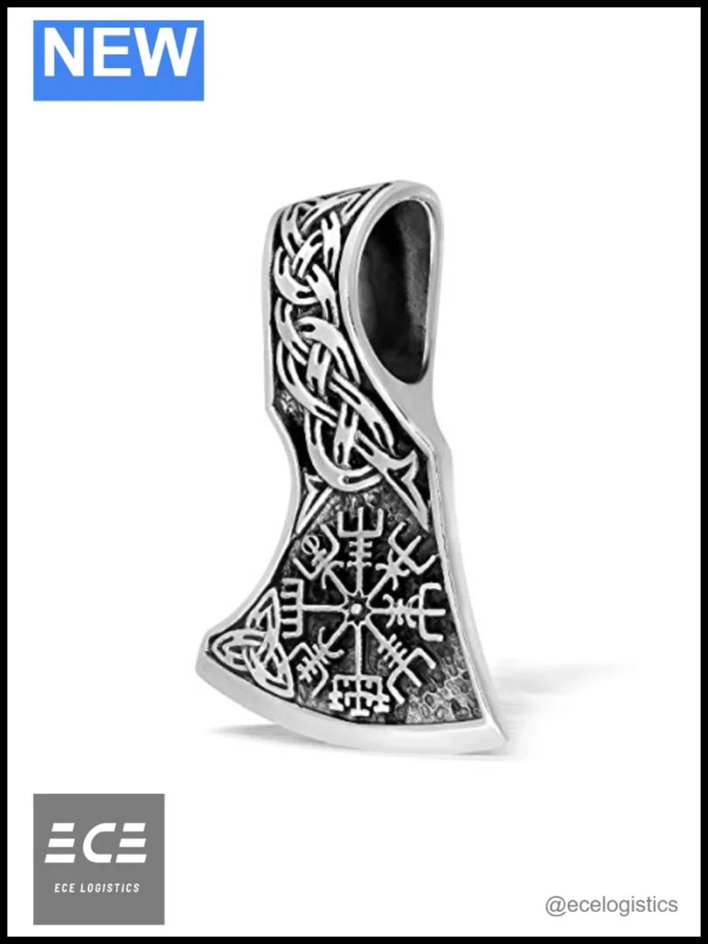 925 Sterling Silver Viking Axe Amulet Pendant Mjolnir Vegvisir Double Sided